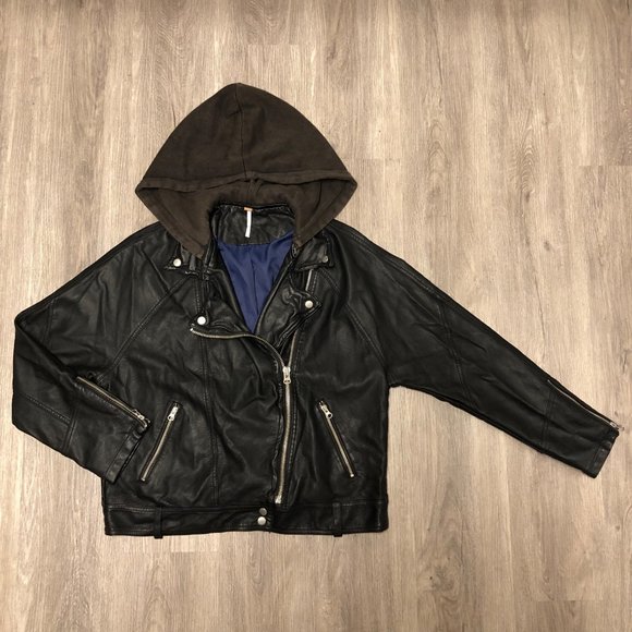 Free People Vegan Leather Jacket Women's Size Medium Black Moto Hooded Coat - Picture 6 of 12